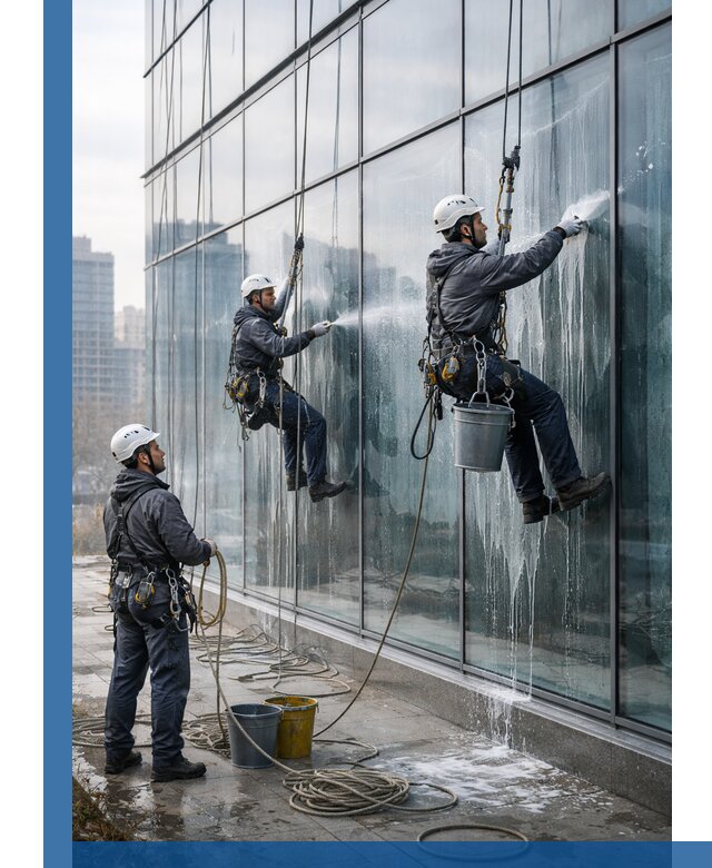 Промышленная мойка панорамных окон на высоте в Урае