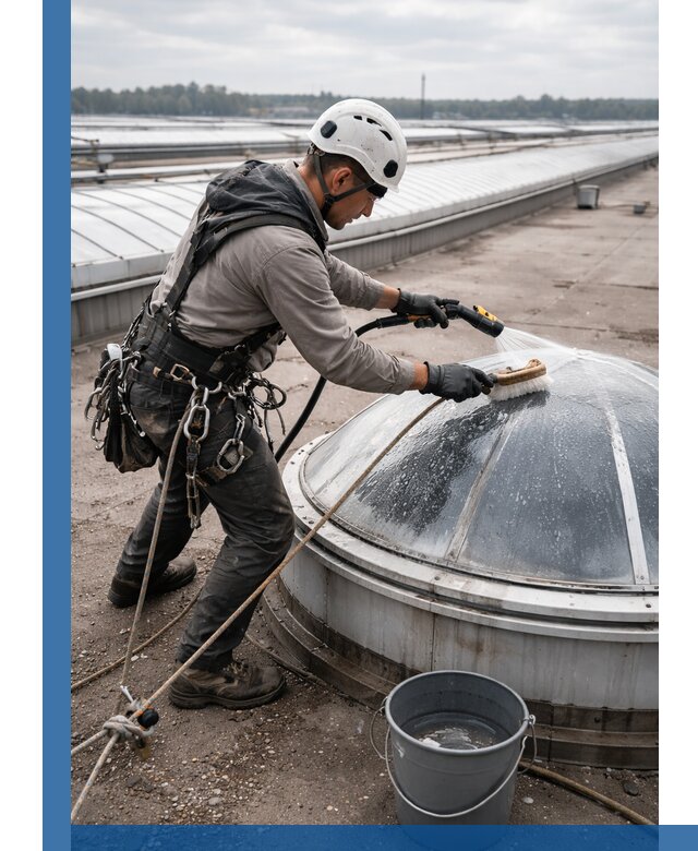 Мойка зенитных фонарей на кровле для промышленных объектов в Урае