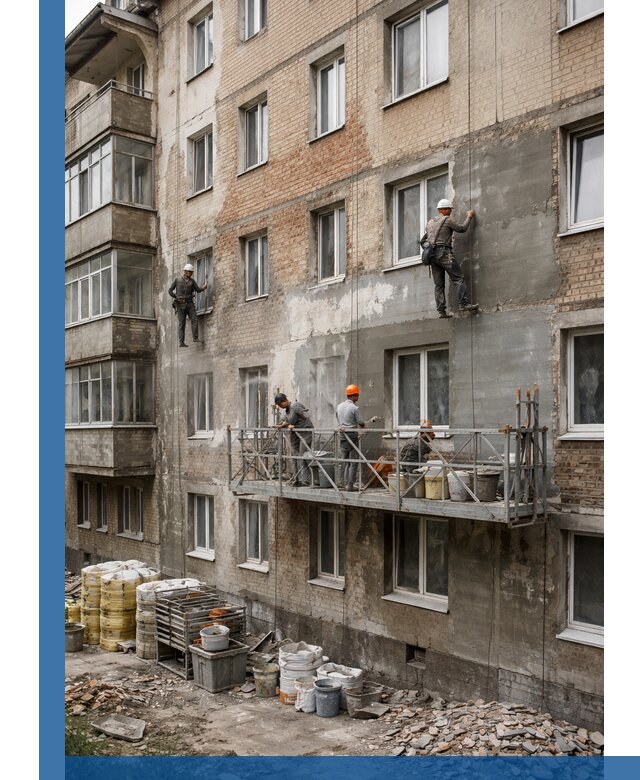 Капитальный ремонт фасада в Урае с восстановлением и гидроизоляцией