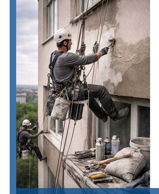 Косметический ремонт фасада зданий в Урае промышленными альпинистами