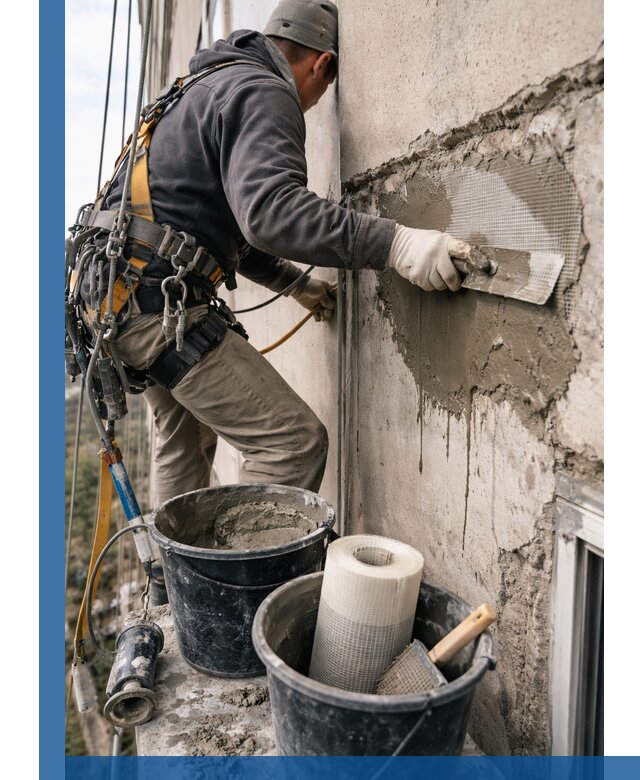 Ремонт бетонных элементов фасада промышленными альпинистами в Урае