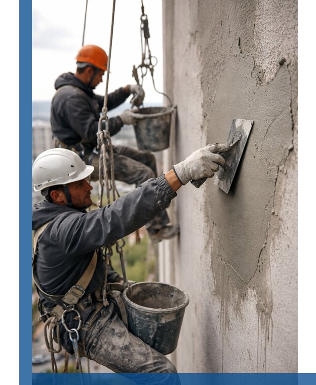 Штукатурка фасада на высоте в Урае профессиональные работы