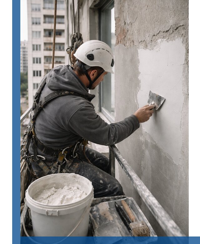 Шпаклевка фасадов на высоте с промальпинистами в Урае