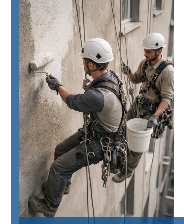 Грунтовка фасада на высоте в Урае промышленными альпинистами