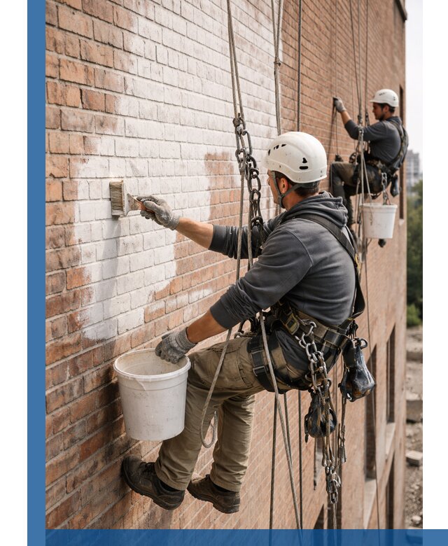 Покраска кирпичного фасада с доступным альпинистским сервисом в Урае