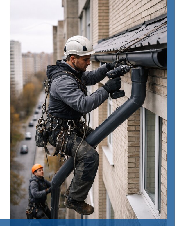 Монтаж водосточной системы на здании в Урае от 5211 р. | ВЫСОТНИК-Урй