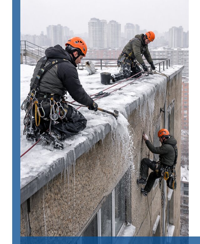 Удаление наледи с кровли в Урае промышленными альпинистами