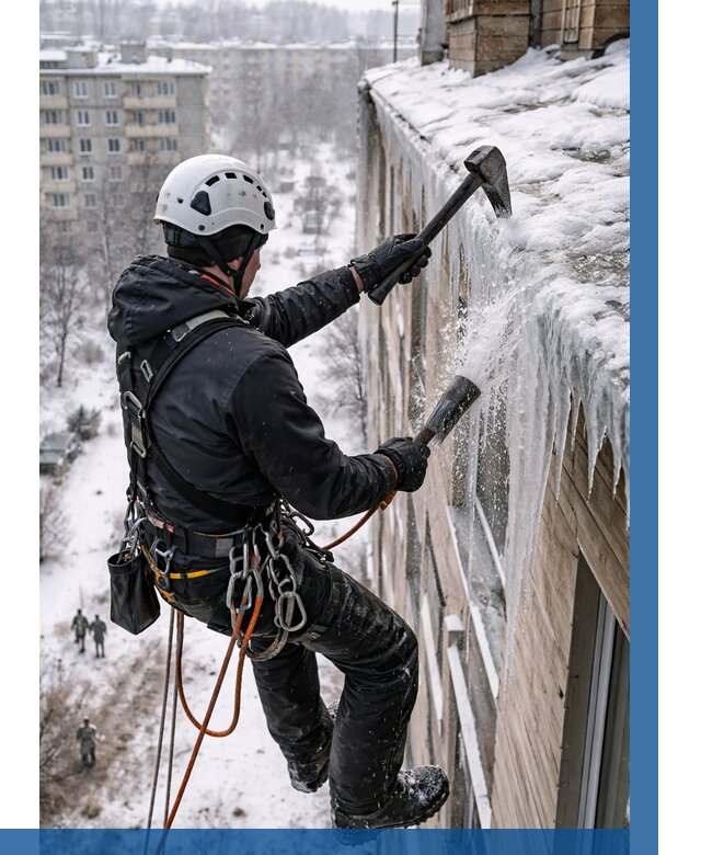 Сбивание сосулек с крыши в Урае по цене от 4689 р. | ВЫСОТНИК-Урй