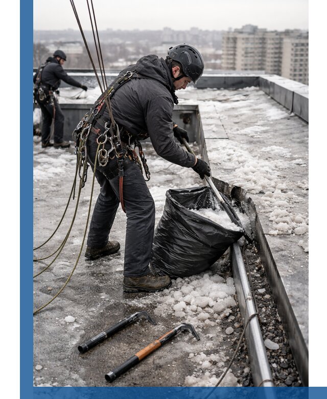 Аварийная очистка кровли в Урае от промальпинистов