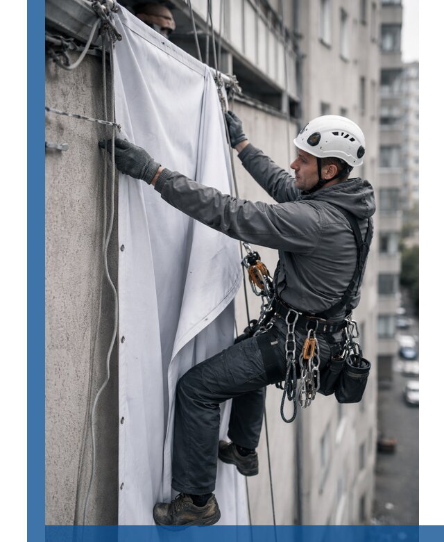 Замена баннерного полотна промышленными альпинистами в Урае