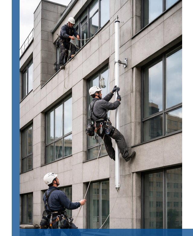 Монтаж флагштока на фасаде здания с креплением и герметикой в Урае