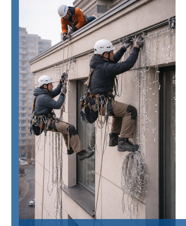 Монтаж праздничных гирлянд на фасаде в Урае для зданий