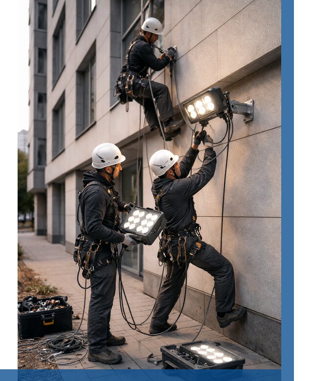 Монтаж прожекторов на фасаде в Урае от 7816 р. | ВЫСОТНИК-Урй