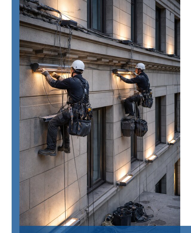 Монтаж архитектурной подсветки фасадов зданий в Урае