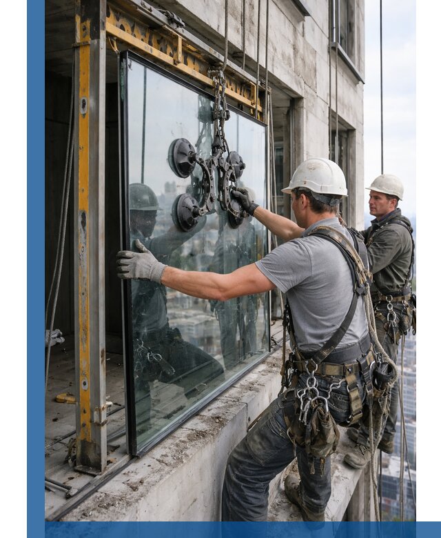 Монтаж стеклопакетов на высоте в Урае с промышленным альпинизмом