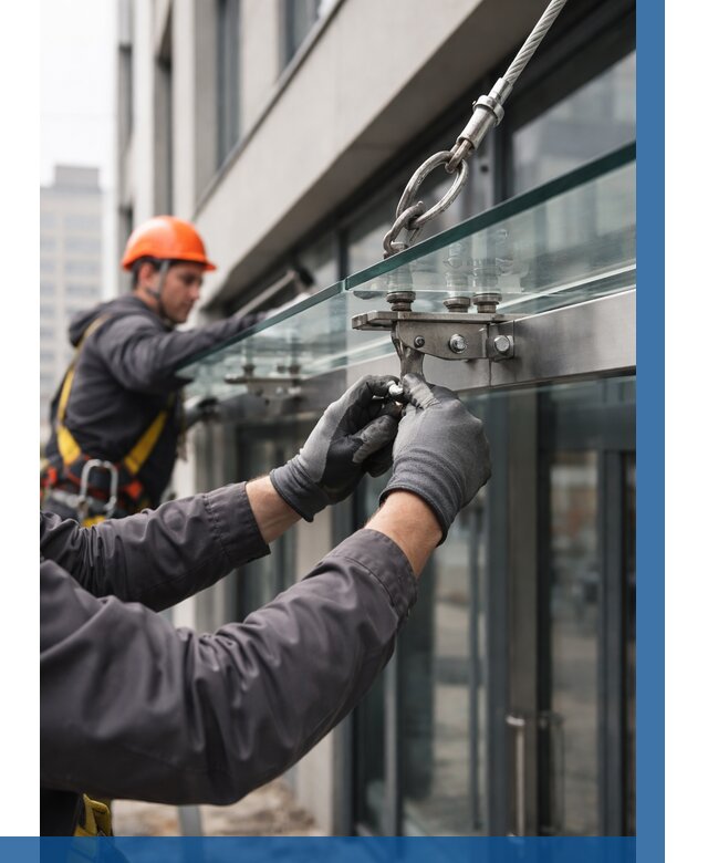 Монтаж стеклянных козырьков в Урае от 8858 р. | ВЫСОТНИК-Урй