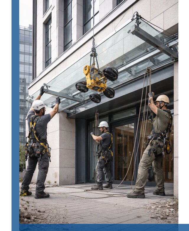 Монтаж стеклянных козырьков под ключ в Урае для зданий