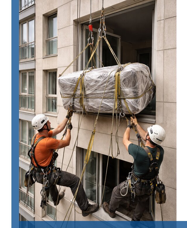 Подъем грузов через окно в Урае промышленными альпинистами