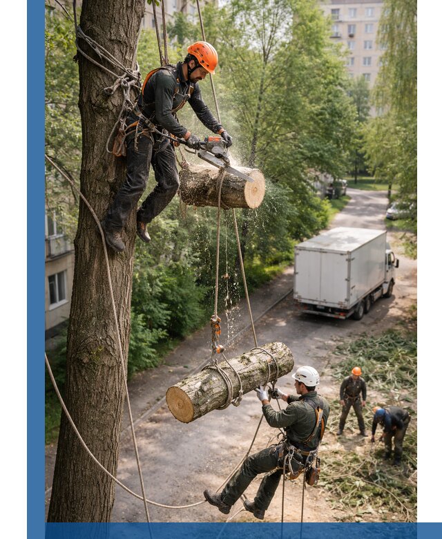 Спил деревьев альпинистами в Урае, безопасно и без повреждений