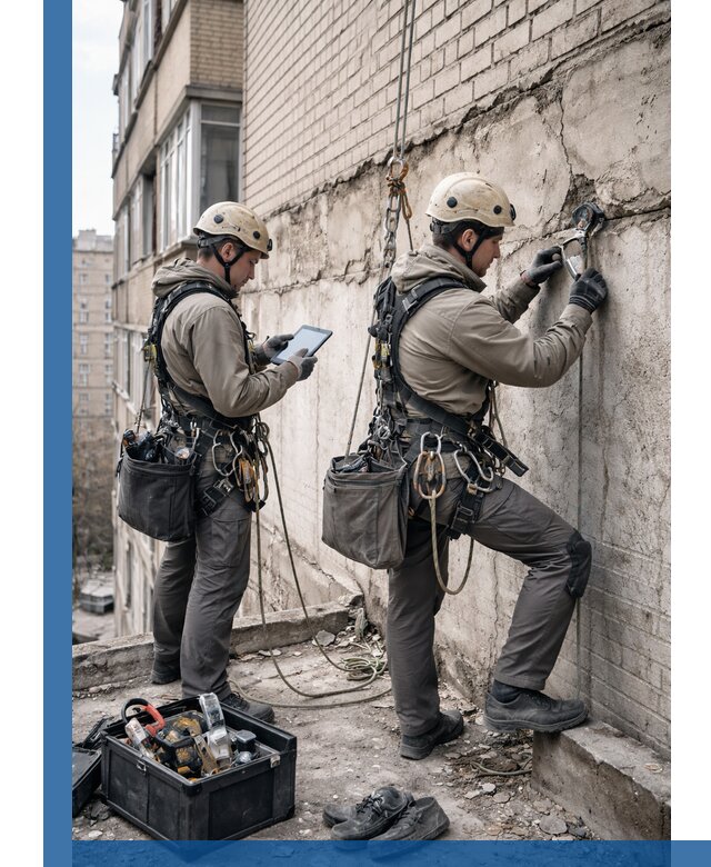 Обследование фасада промышленными альпинистами в Урае